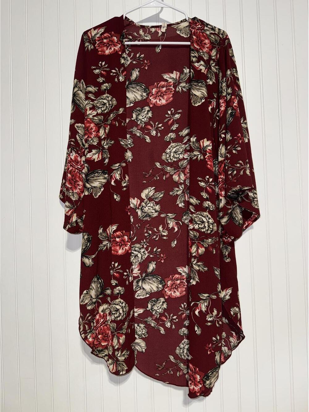 My Beloved Womens Floral Kimono Cardigan Open Front Size M Burgundy Duster Boho